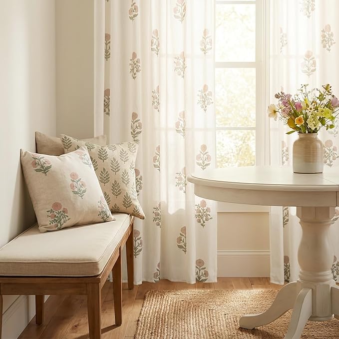 Lino Rosa Cute Floral Cabinet Curtains for Kitchen, Pink and Green Vintage Shabby Chic French Country Linen Sheer Cafe Curtains for Bathroom Window 36 Inch Length