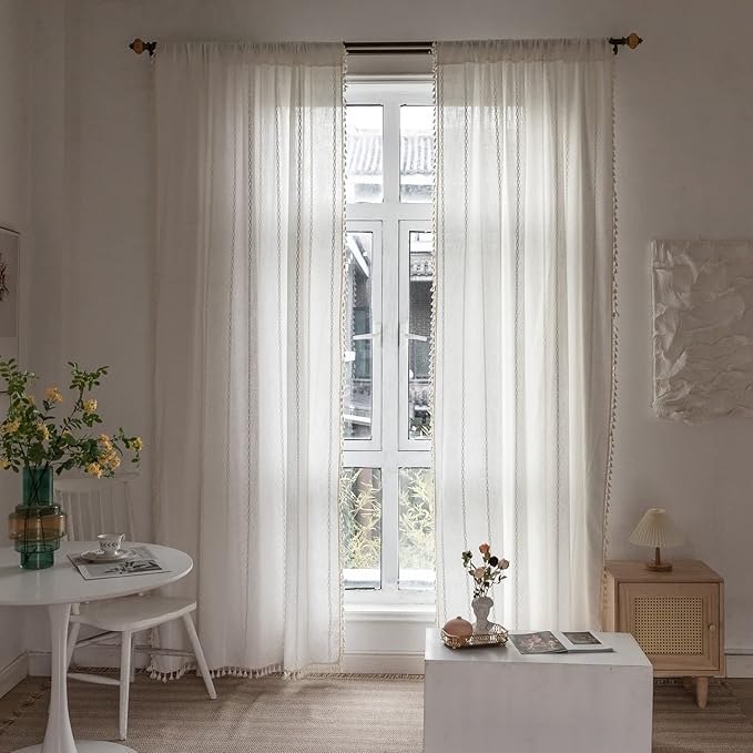 Boho Embroidery Linen Curtains 108 Inches Long for Living Room, 2 Panels Set, Cream Off White Light Filtering Farmhouse Draperies for Bedroom, Rod Pocket, 52" W x 108" L