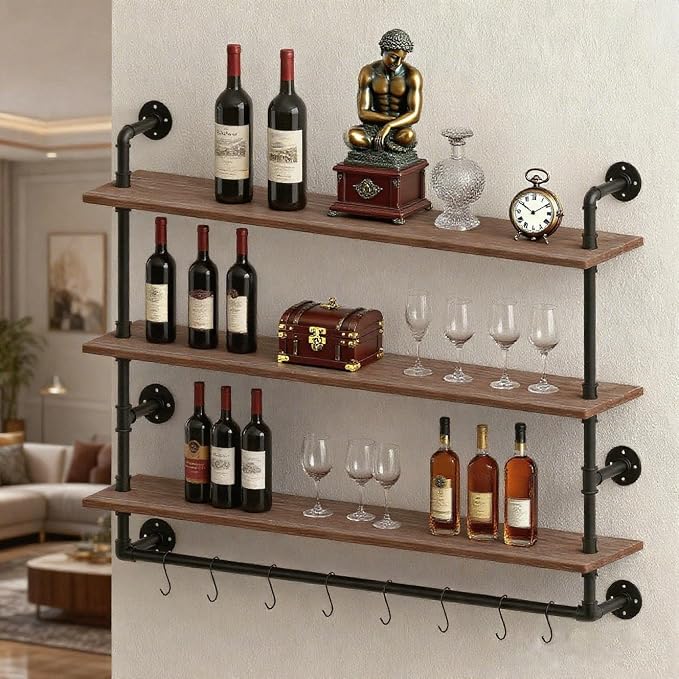 ROGMARS Industrial Floating Pipe Wall Shelves with Towel Rack 30 Inch | Industrial Pipe Shelving Rustic Coffee Bar Storage Wall Mounted Shelves For Living Room,Bathroom ,Kitchen,Laundry Room 3 Tier