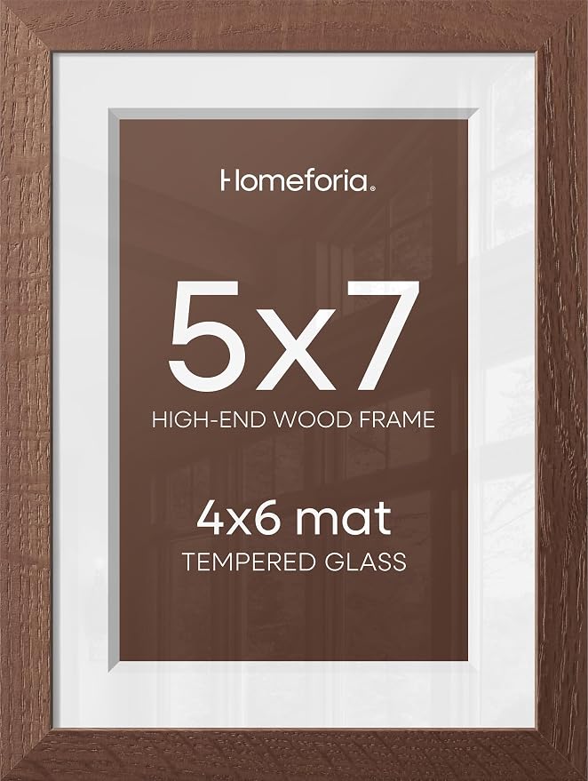 Homeforia 5x7 Brown Picture Frame, High End Dark Oak 5x7 Wooden Frames with Mat 4x6 Photo, 5 x 7 Walnut Wood Frame Matted to 4 x 6 Print, 7x5 Wall or Tabletop Frame, Tempered Glass, Wall Kit, Set of 2