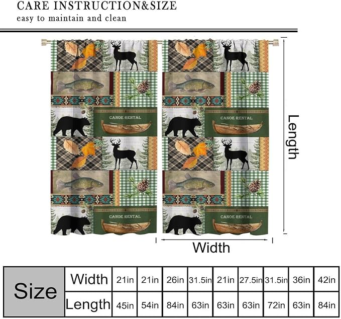Vintage Animal Blackout Curtains Countryside Farmhouse Hunting Lodge Mountains Lake Bear Deer Plaid Bass Wildlife Windows Treatments Rod Pocket for Kitchen Living Room Bedroom 55x63in