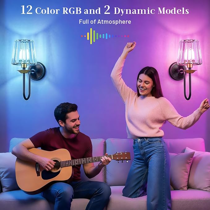 Black and Gold Battery Operated Wall Sconces Set of Two, Crystal Wireless Rechargeable Wall Lights with Remote, Dimmable 3 CCT and 12 RGB Cordless Wall Lamps for Bedroom Living Room Decor