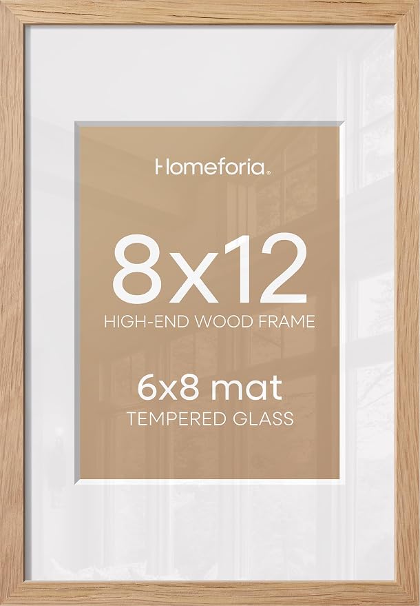 Homeforia 8x12 Picture Frame Wood, High End Natural Oak 8 x 12 Light Wooden Frames with Mat 6 by 8 inch Photo, 8by12 Frame Matted to 6x8 Art, Wall or Tabletop Frame, Tempered Glass, Wall Kit, Set of 1