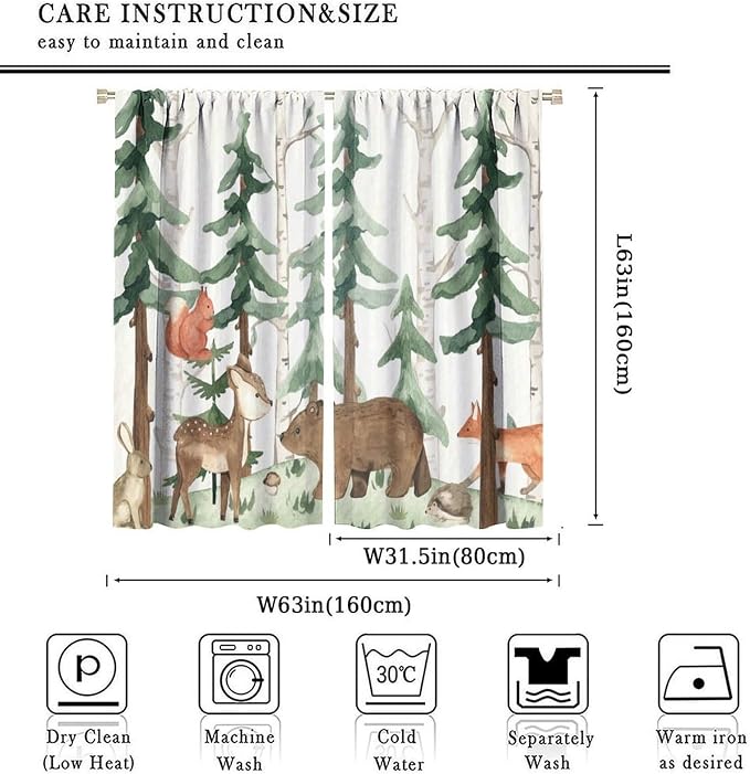 Forest Nursery Curtains - Woodland Bear & Wildlife Theme, Blackout 63x63 Inch 2 Panels