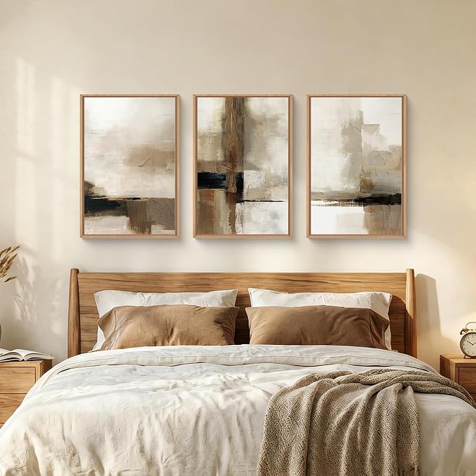 HOURIA Abstract Neutral Vintage Earth Tone Framed Canvas Wall Art Set,Modern Minimalist Rustic Brown Beige Wall Decor,Wabi Sabi Textured Brushstroke Artwork for Living Room,Bedroom,Farmhouse-16"x24"x3