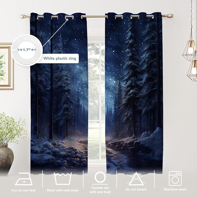 Shrahala Winter New Year Blackout Window Curtains, Stars Forests Snow Night Thermal Insulated Curtains Grommet Long Drapes for Bedroom,Living Room (2 Panels, 52 x 63 in)