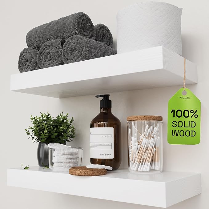 BAOBAB WORKSHOP Wood Floating Shelves for Wall Mounted, 16 inch White Floating Shelf for Bathroom, Solid Wooden Wall Shelves for Kitchen Bedroom Farmhouse, White Finish, 16 x 6.7, Set of 2 | Real Wood, Wall Mounted, Floating Shelf for Bathroom, Kitchen...