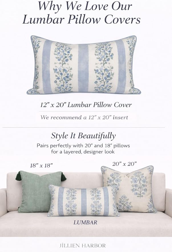 Jillien Harbor “The Juliet” Floral Block Print Pillow Cover – Soft Blue and Off-White Decorative Throw Pillow Cover – Grandmillennial Home Decor, 12"x20"