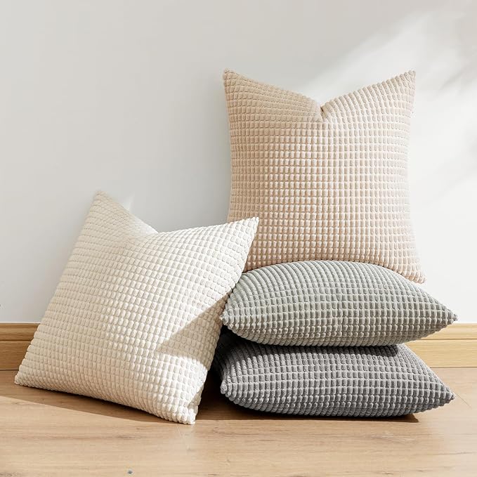 MIULEE Boho Farmhouse Decorative Pillow Covers 18x18 Inch Set of 4 Neutral | Rustic Modern Neutral Home Decor Couch Throw Pillows Corduroy Pillowcases for Sofa Living Room Bed