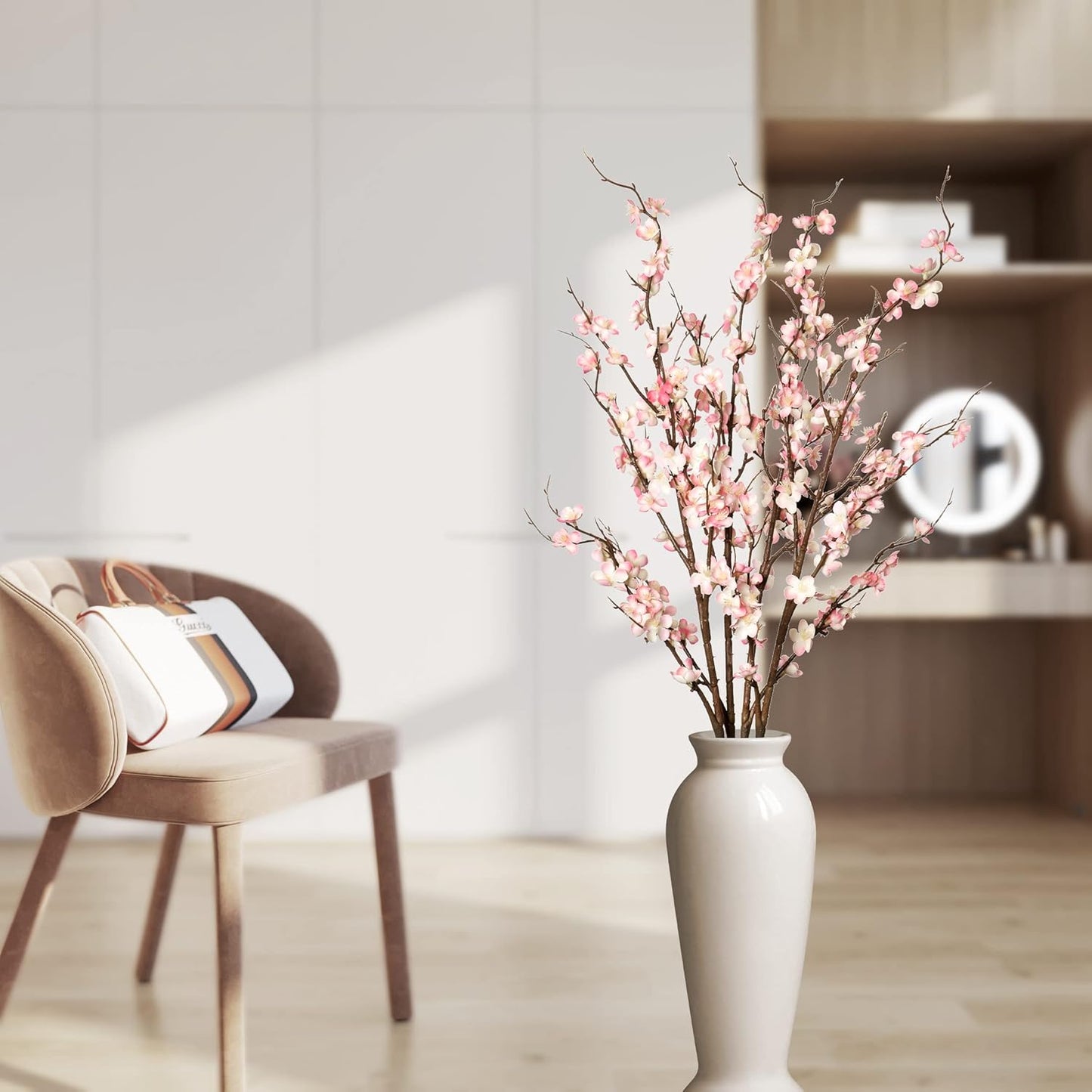 4Pcs Cherry Blossom Branches Artificial Flowers for Spring Summer Indoor Decoration,Faux Long Stem Artificial Flowers for Wedding Home Office Bedroom Party Table Centerpieces Decor (Pink)