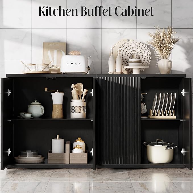 Fluted Buffet Cabinet Sideboard with Storage, Modern Black Credenza Cabinet with 2 Doors & Adjustable Shelf, 15" Deep Wood Accent Cabinet for Dining Room, Living Room, Entryway & Kitchen