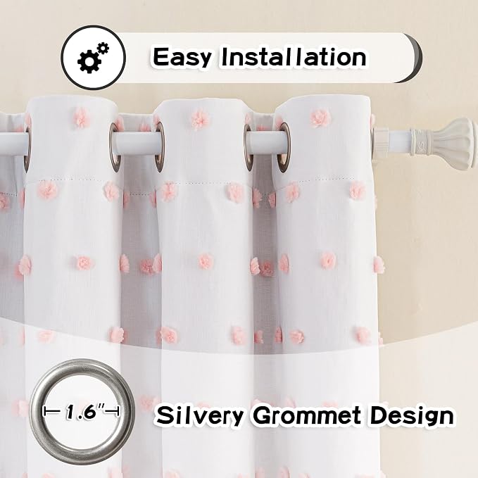 MYSKY HOME 100% Blackout Curtains for Nursery Thermal Insulated Pink Pom Pom Curtains 72 Inch Length for Girls Bedroom 2 Panels Grommet White Sheer Curtains for Dining Room Door, 52W x 72L
