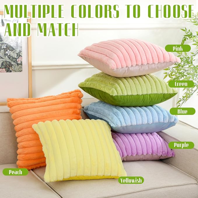 Mixweer 6 Pcs Back to School Faux Fur Plush Throw Pillow Covers 18x18 Inch Pastel Soft Fluffy Striped Decorative Pillow Covers with Velvet Back for Sofa Couch Cushion Bedroom, Home Classroom Decor