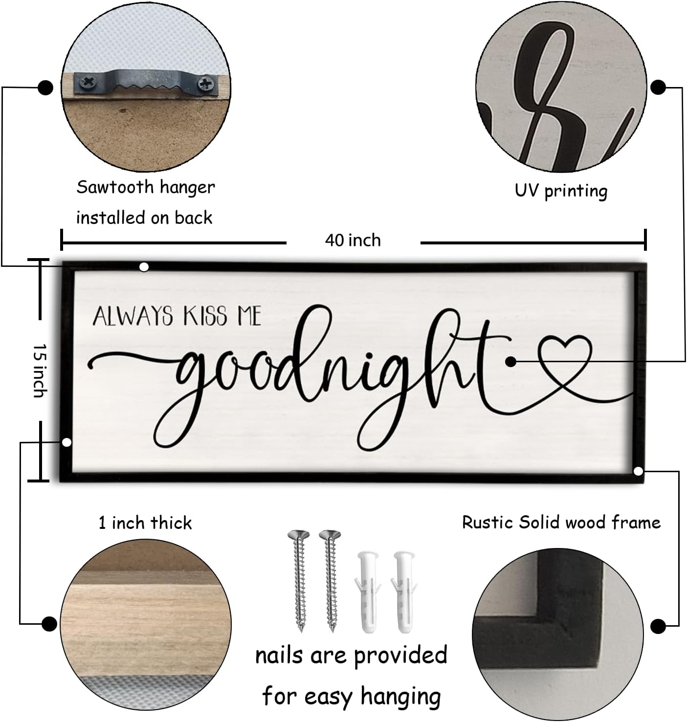 flowtorely Always Kiss Me Goodnight Wall Sign For Master Bedroom Above Bed Wall Decor 40''×15'' Large Rustic Solid Wood Frame For Farmhouse Couples Above bed Wall Art Decoration (Black)