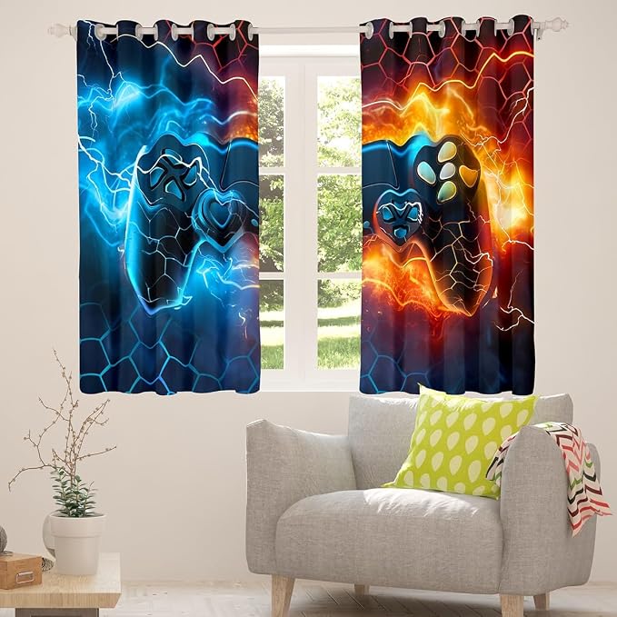 Feelyou Kids Boys Blue Red Gamer Blankout Curtains Honeycomb Gaming Darkening Drapes for Lightning Gamepad Window Curtains Game Room Decor Window Treatments (2 Panels, 38 x 45 Inch)