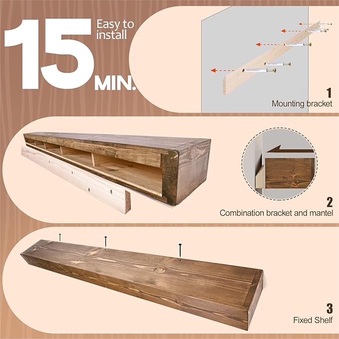 Fireplace Mantel Shelf, 56" Wooden Floating Shelf for Over Fireplace, Wall-Mounted Mantel Shelves, Decorative Mantels, Rustic Floating Mantels Shelves, Brown