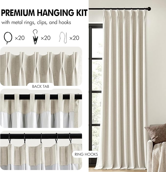 MIULEE Pinch Pleated Blackout Curtains Extra Wide 60 Inches, Natural Linen Blend for Sliding Doors, Memory Trained Thermal Insulated Drapes for Bedroom Living Room, 84 Inches Long, 2 Panels
