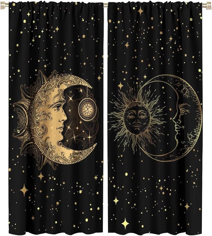 Sun and Moon Blackout Windows Curtains, Golden Planet Star Mysterious Galaxy Curtains Space Curtains, for Living Room Bedroom 42x54in 2 Panels