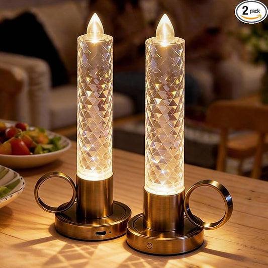 JandCase Flameless Candles, Rechargeable Taper Candles Battery Operated 2 Pack, LED Acrylic Crystal Pillar Candles, Dimmable Small Cordless Table Lamp for Valentines Wedding Centerpiece Decorations
