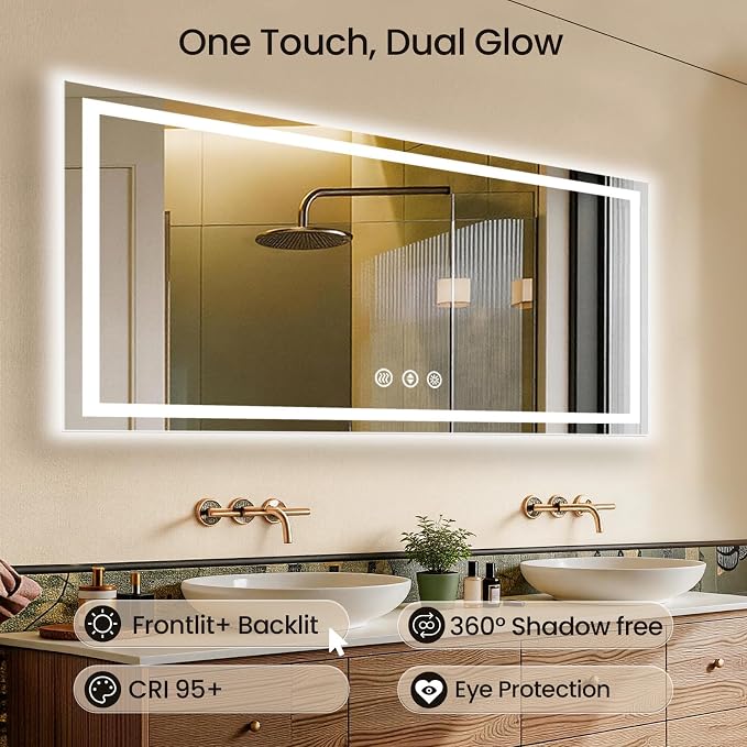 72X32 LED Bathroom Mirror with Lights, Anti-Fog, Backlit + Front Lit (CRI>90), Lighted Bathroom Vanity Mirror for Wall, Memory Function, Dimmable, Tempered Glass, Shatter-Proof