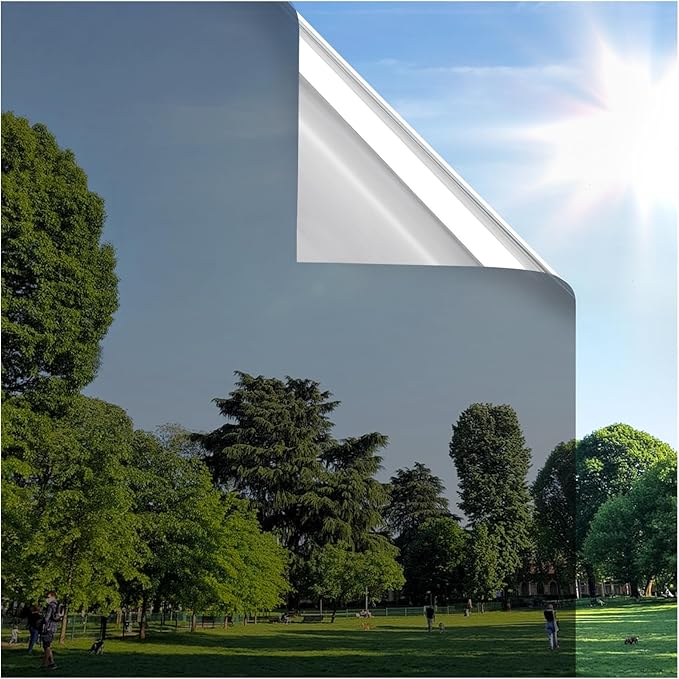 rabbitgoo Window Privacy Film One Way Window Tint for Home, Removable Static Cling Reflective Heat Sun Blocking Anti UV Glass Door Covering, Mirror Tinting Film, 35.4 in X 6.5 Feet, Black Silver
