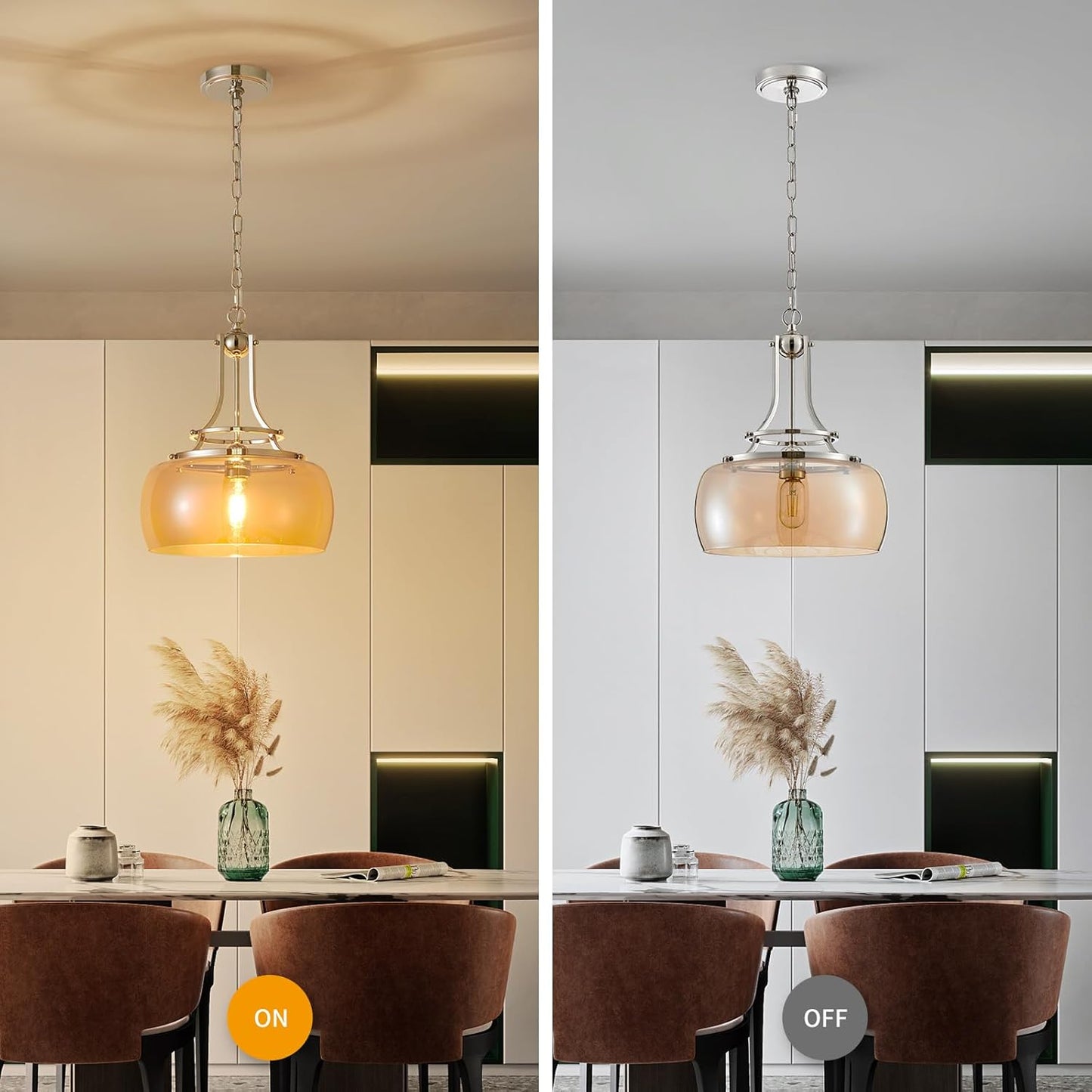 WUZUPS Nickel Chandelier Rustic Farmhouse Industrial Round Ceiling Pendant LED Light Fixture with Amber Glass Shade for Dining Room Kitchen Island Foyer Entryway, H 17" W 13.4", E26 Base