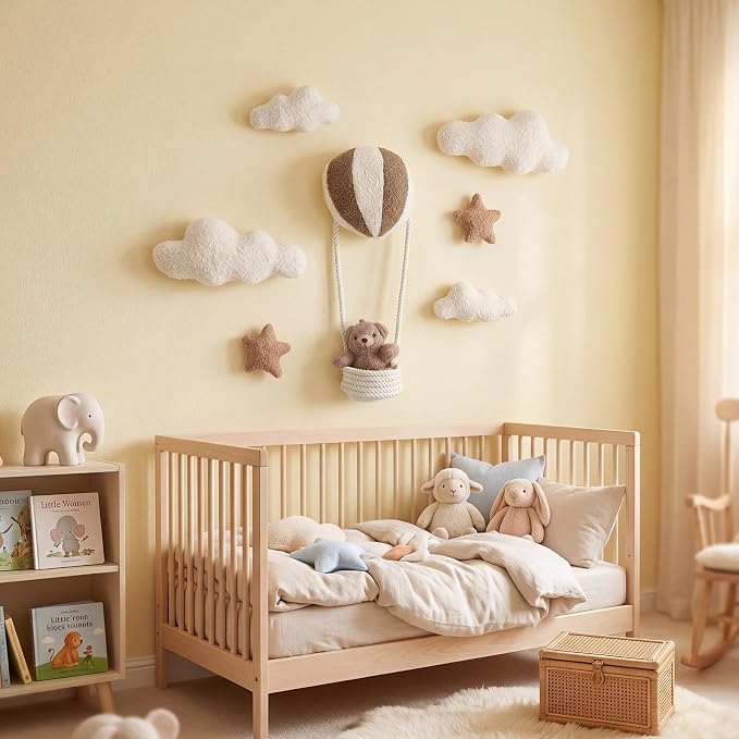 Chumia 7 Pcs Teddy Bear Nursery Wall Decor Hot Air Balloon Nursery Wall Art with Clouds Star Soft Plush Baby Room Decor Gender Neutral for Bedroom Playroom Decoration