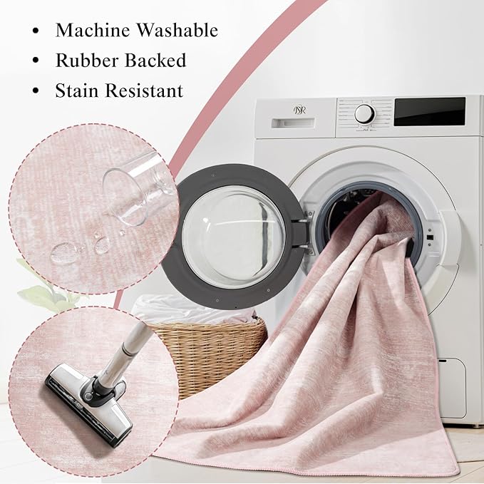 3x5 Washable Area Rug, Pink Solid Area Rugs for Living Room & Bedroom | Stain-resistant & Non-slip backing,Low Pile Washable Large Carpet, Solid Vintage Style For High Traffic Areas(3x5,Pink)