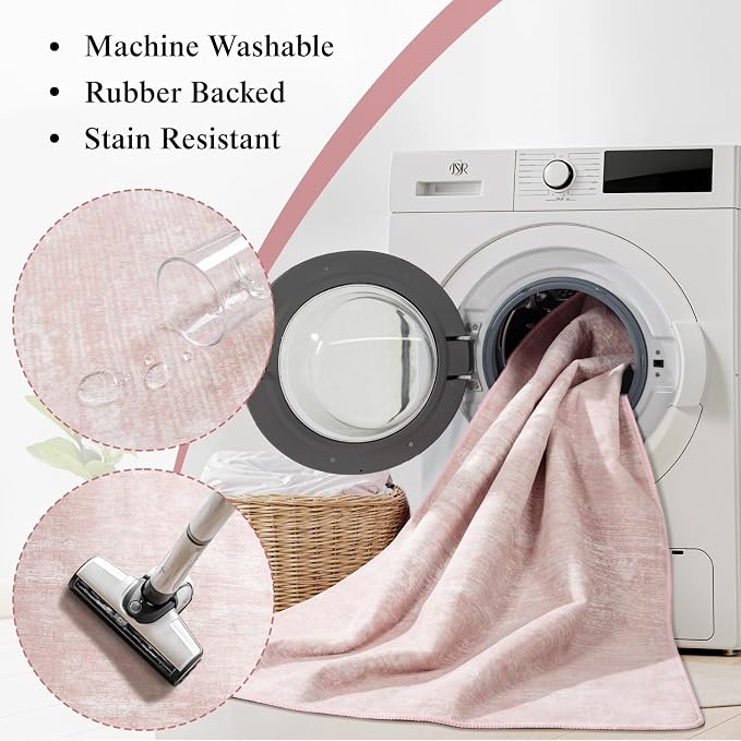 9x12 Washable Area Rug, Pink Solid Area Rugs for Living Room & Bedroom | Stain-resistant & Non-slip backing,Low Pile Washable Large Carpet, Solid Vintage Style For High Traffic Areas(9x12,Pink)