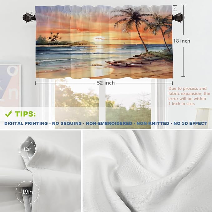Shrahala Sunset Beach Blackout Short Curtains for Windows, Tropical Seaside Scene Kitchen Valance Thermal Insulated Rod Pocket Window Treatment for Bathroom 2 Pack 52 X 18 in
