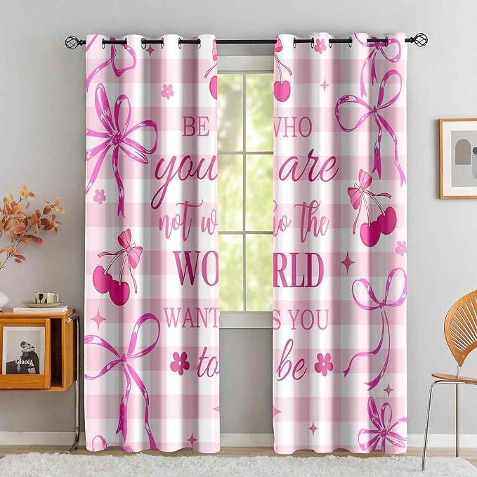 LUVIVIHOME Pink Cherry Bow Buffalo Plaid Curtains, Cute Preppy Blackout Curtains for Girls Bedroom Living Room, Floral Bowknot Girly Coquette Room Decor, Grommet Window Drapes 2 Panel Sets, 42x84 Inch