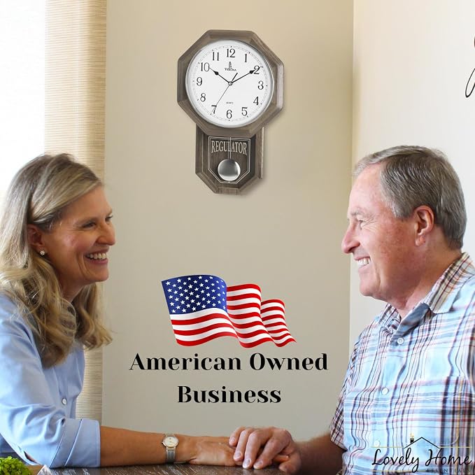 Pendulum Wall Clock - Real Wood Regulator Clock - Rustic, Farmhouse Schoolhouse Design - Quiet, Non-Chiming, Wooden & Battery Operated - Decorative Grey Ash Decor for Living Room, Home, Office 18x11