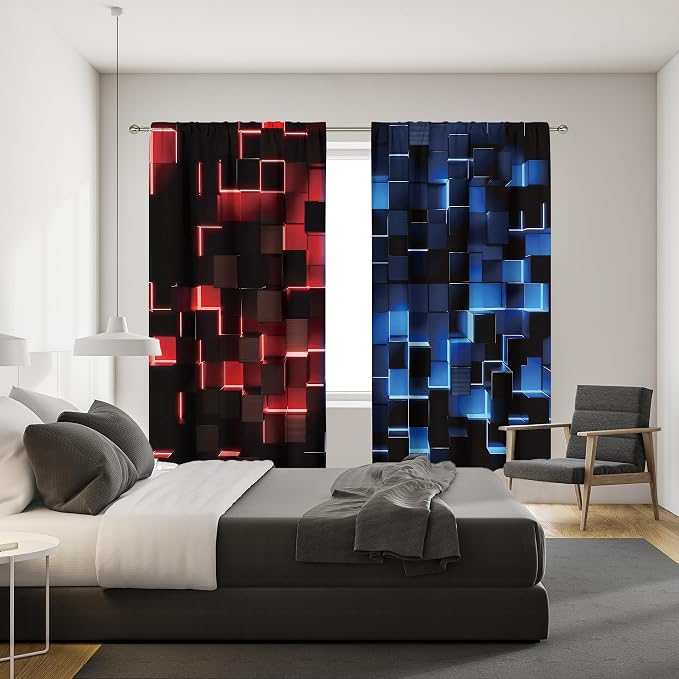 MESHELLY Red and Blue Curtains 42Wx63H Inch Rod Pocket Abstract 3D Cubes Gradient Design Cool Modern Men Boys Game Gaming Checkered Bedroom Window Drapes Aesthetic Printed Living Room Window Treatment