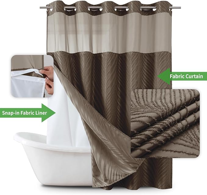 eachope no Hook Shower Curtain and Liner Set，Boho Style with See Through Top Window, Brown Fabric Tufted Striped Textured Outer Curtain & Waterproof Inner Liner, Brown, 71Wx86H