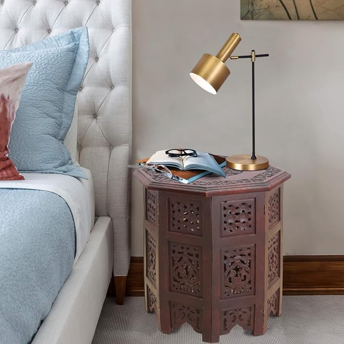 COTTON CRAFT Solid Wood Accent End Table - Hand Carved Vintage Boho Folding Side Table - Small Spaces Entryway Farmhouse Living Room Bedside - No Tools Assembly - 18x18 Octagon - Brown
