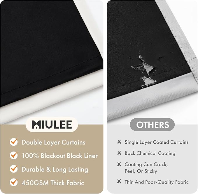 MIULEE Ivory 100% Blackout Curtains for Bedroom 90 Inch Long, 2 Thick Layers Thermal Insulated Black Out Window Curtains with Black Liner, Noise Reducing Grommet Living Room Drapes 2 Panels Set