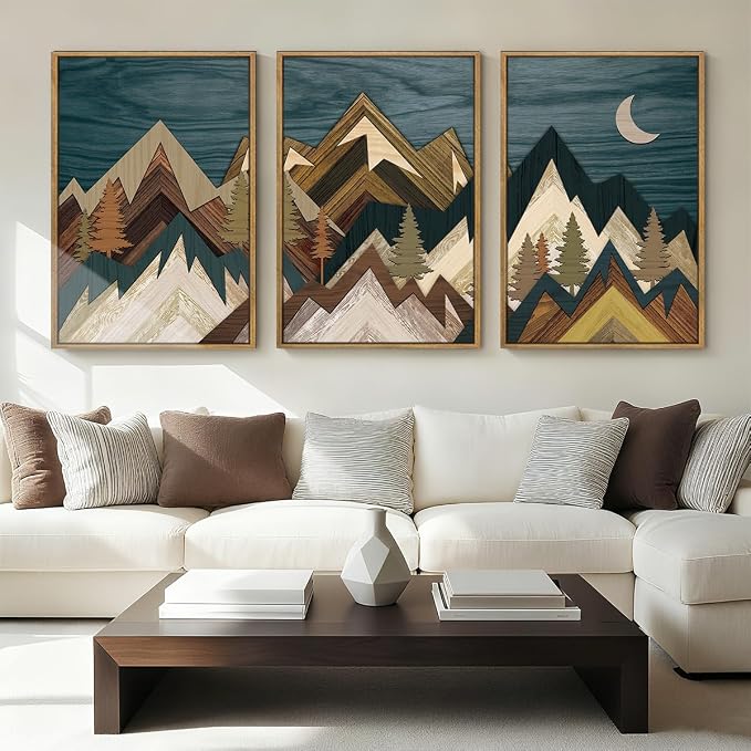 BINCUE Extra Large Mountain Wall Art Moon Froest Wall Decor Nature Landscape Art Print Framed Mountain Artwork Farmhouse Rustic Wall Paintings Large Landscape Artwork for Living Room Bedroom Office 24x36 Inches Set of 3