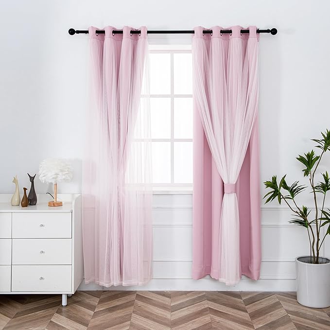 INLINAS Pale Pink Blackout Curtains with Sheer Overlay - Grommet Top Thermal and Noise Reduction Panels for Bedroom and Living Room Light Blocking and Energy Saving, 52 x 63 Inches, Set of 2