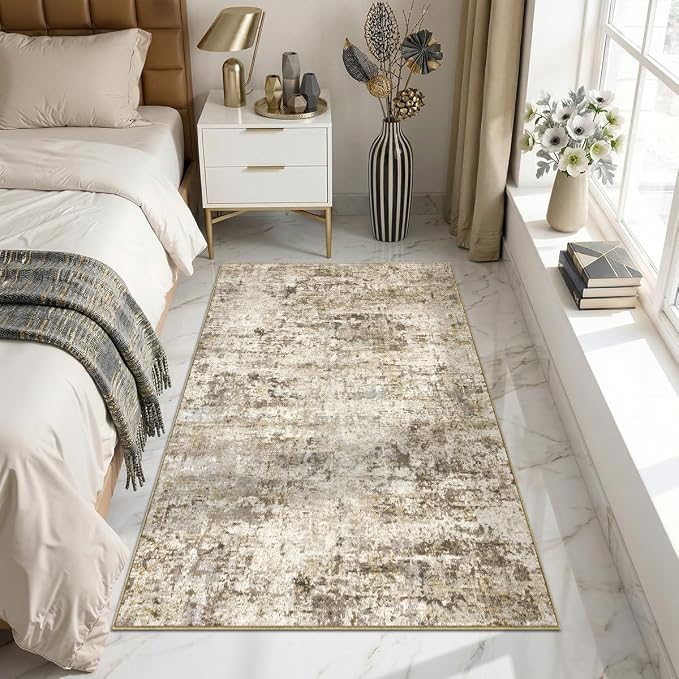 3x5 Area Rugs Washable Living Room Rug-No Slip Soft Carpets Modern Abstract Indoor Floor Stain Resistant Carpet for Bedroom Dining Room Farmhouse Nursery Home Office Brown