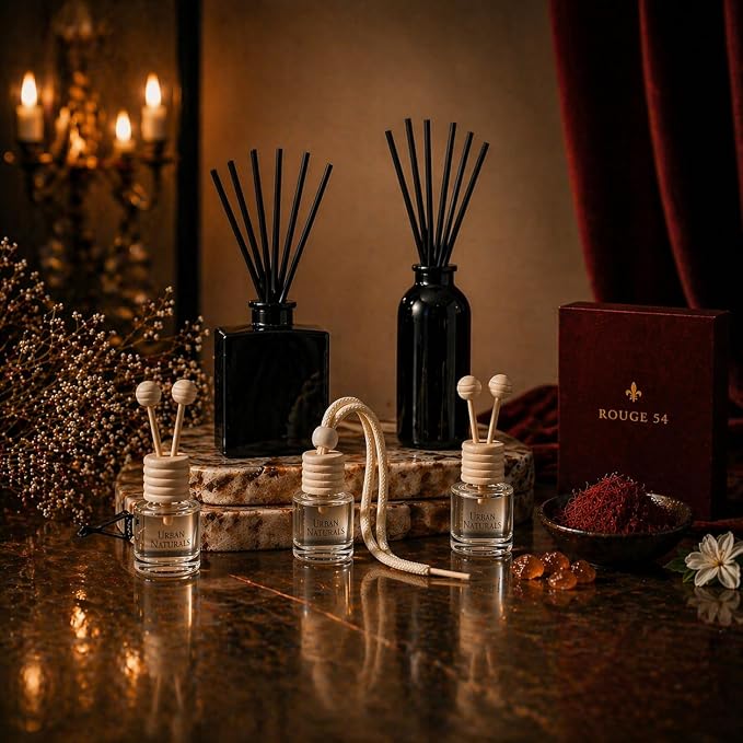 Urban Naturals Reed Diffuser Set, Rouge 54 - Bathroom Shelf Décor | Saffron, Jasmine, Amber and Woods, Aromatic Home Fragrance, Made in the USA