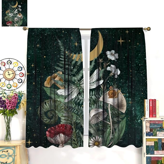Vintage Mushroom Curtains, Watercolor Fern Botanical Mushroom Herbs Nature Plants Moon Stars Dark Green Universe Blackout Window Treatments for Kitchen Bedroom, 63" W X 72" L