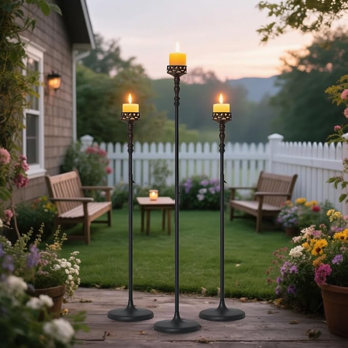 Matte Black Pillar Candle Holders Set of 6 for Halloween Centerpiece | Vintage Metal Floor Candle Holder for Wedding Party Dining Table Home Ceremony Fireplace Mantel Decor