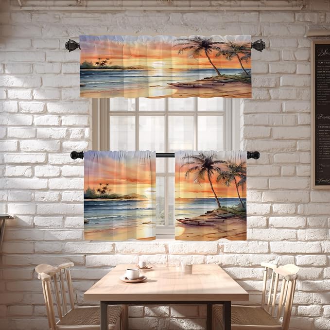 Shrahala Sunset Beach Blackout Short Curtains for Windows, Tropical Seaside Scene Kitchen Valance Thermal Insulated Rod Pocket Window Treatment for Bathroom 52 X 18 in