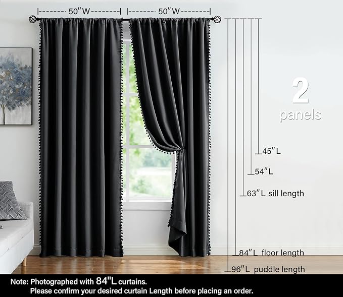 Pompom Blackout Window Curtains 54 Inch Black Thermal Insulated Curtain Drapes for Small Laundry Basement Room Thermal Insulated Curtain Set 2 Panels