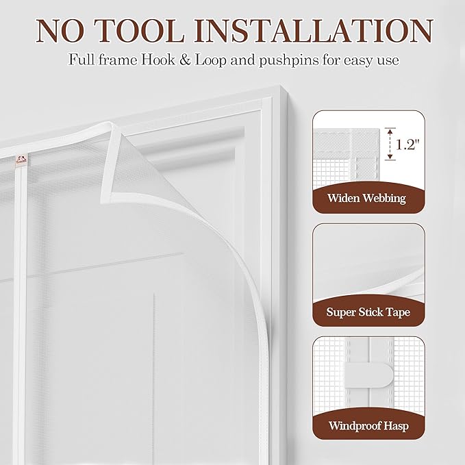 Yotache White Magnetic Screen Door Fit Doors 30 x 82, Screen Size 32" x 83" Heavy Duty for Home Apartment Door with Full Frame Hook&Loop Strip