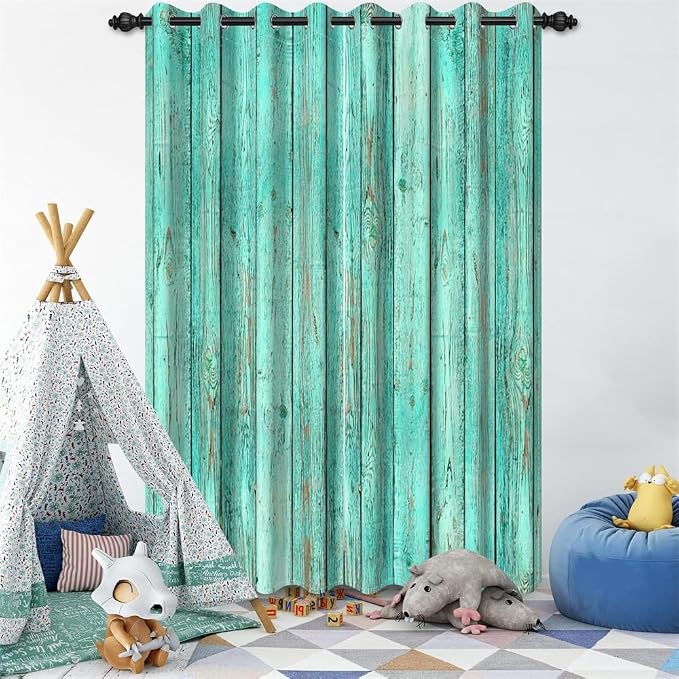 Mint Green Window Curtains Vintage Rustic Wood Plank Old Barn Door Garage Door Vertical Striped Wood Farmhouse Rural Farm Style Living Room Bedroom Drapes Treatment,26x84 inch,2 Panels