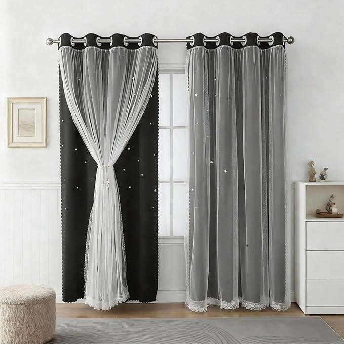 Cute Star Blackout Curtains for Bedroom, Double Layer Curtains, W52X L84 | 2 Panels Black Thick Grommet Top Star Cutout Curtains, Double Layer Window Treatments, Aesthetic Living Room Decor