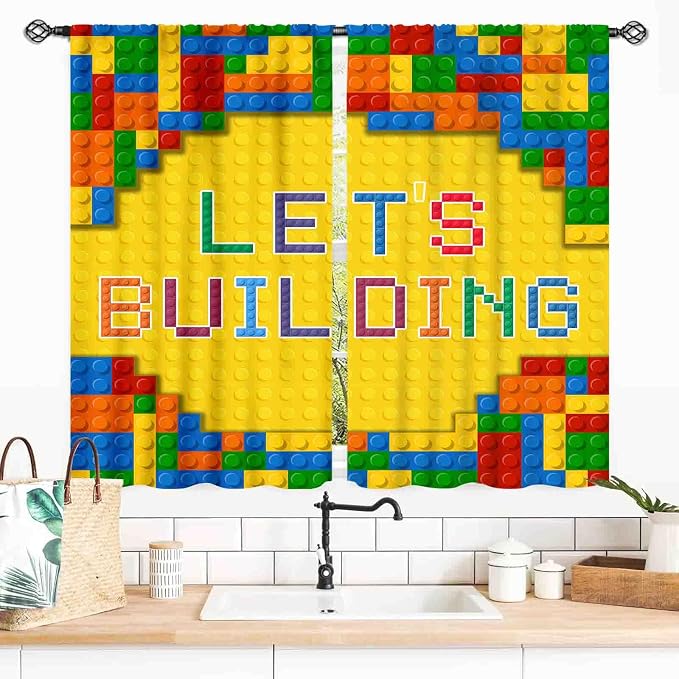 Building Blocks Curtains for Boys Room, Abstract Colorful Plastic Building Brick Blocks Geometric Printed Pattern Yellow Window Drapes for Kids Baby Bedroom Living Room, 55x39 Inch