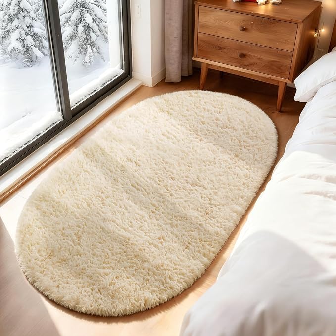 Ophanie 4x6 Oval Beige Rugs for Bedroom Living Room,Fluffy Fuzzy Furry Carpet,Plush Soft Shaggy Bedside Indoor Floor Area Rug for Kids Girls Boys Baby Teen Dorm Decor with Over 99 pcs Pile fibers