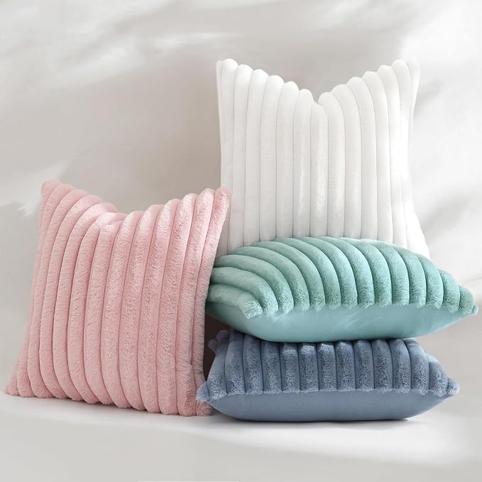 decorUhome Fall Cozy Faux Fur Throw Pillow Covers 26x26 Set of 2 Decorative Soft Plush Striped Modern Farmhouse Boho Couch Euro Sham Pillow Cases with Velvet Back for Sofa Bed Living Room, White